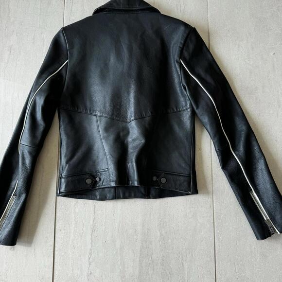 Joe’s Collection Moto Black Leather Jacket Red White Piping Size S - Picture 13 of 14